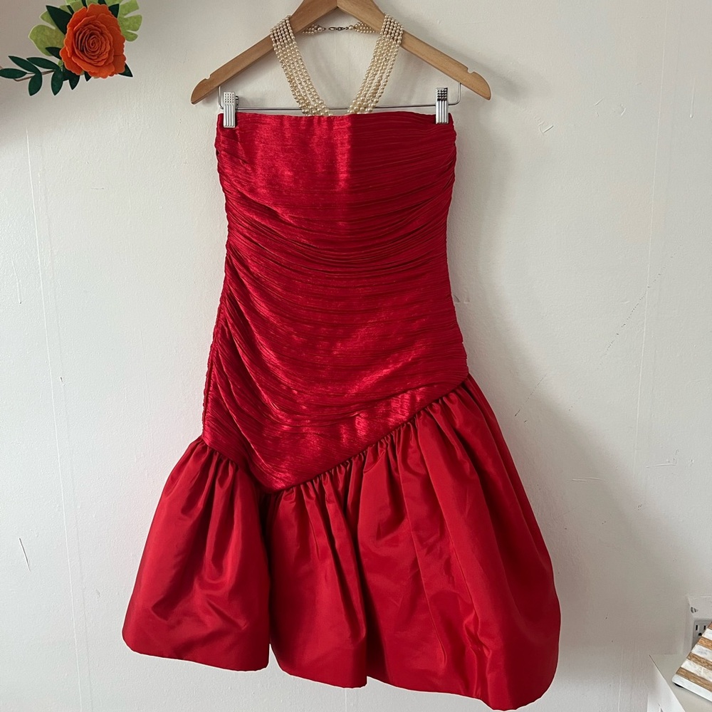EUC VTG 90s Morton Miles Satin Red Strapless Cocktail Dress tulle slip